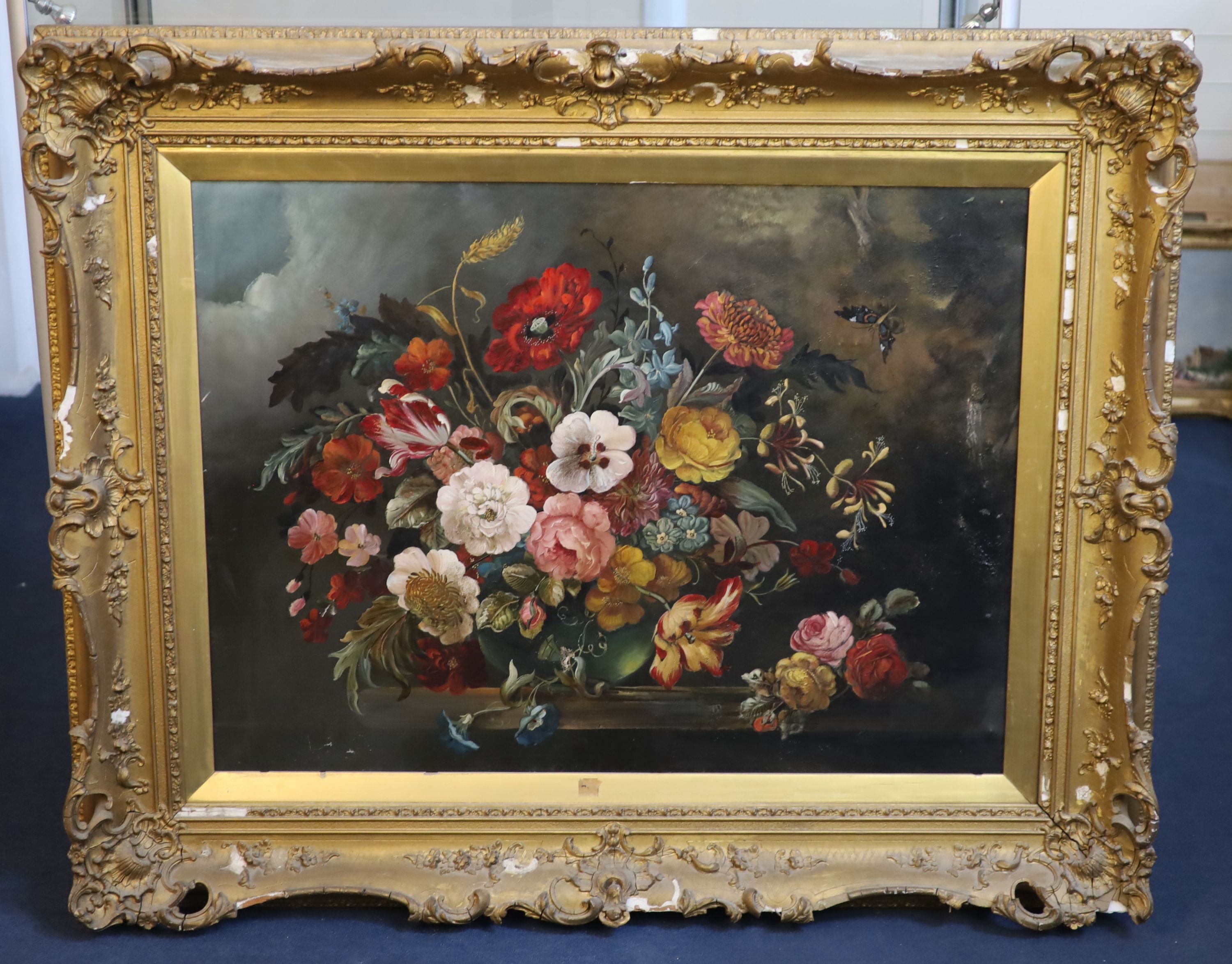 English School c.1900 , Still life of flowers in a vase upon a ledge, oil on canvas, 75 x 100cm